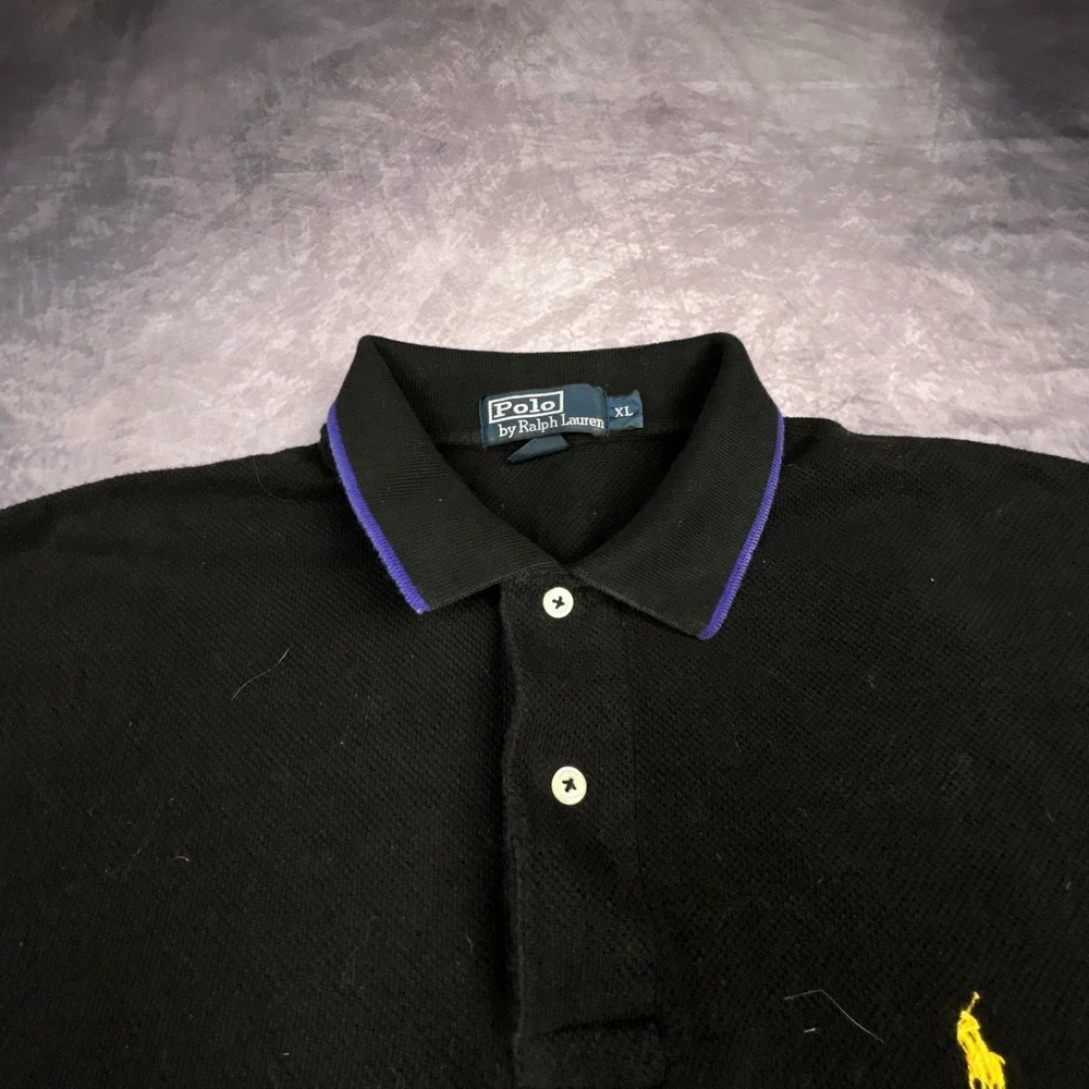 Vintage Polo Ralph Lauren XL Black Purple‎ Striped Pique Polo Shirt 90s Y2K